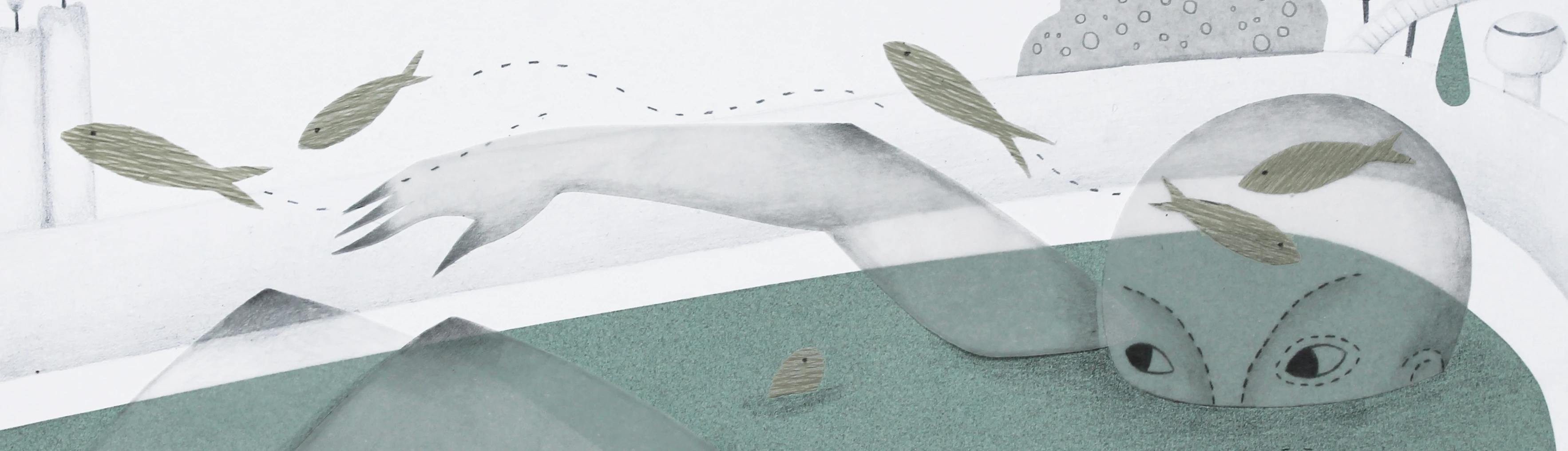 Illustrazione orizzontale di redellapolvere con personaggio in acqua e piccoli pesci